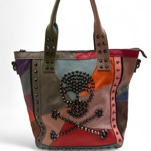 AmeriLeather Genuine Leather Patchwork Studded Skull Tote Bag Boho Rocker